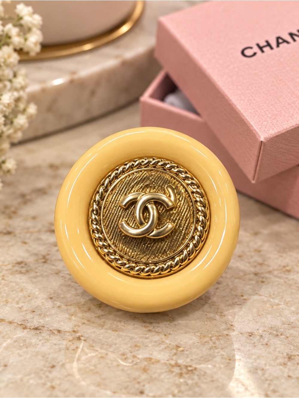 Fashion Yellow Resin Ring with Gold CC Medallion Accent